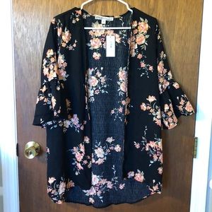 Black Bell Sleeve Floral Kimono